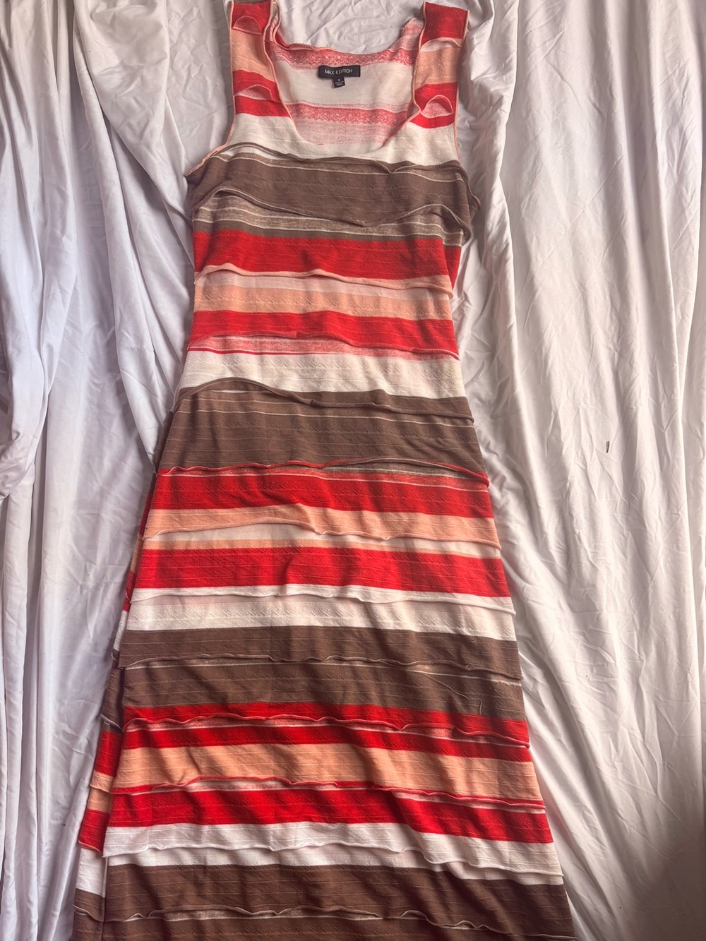 Striped Sleeveless Maxi Dress in Red, Brown and Cream with unique ruffle stripes
